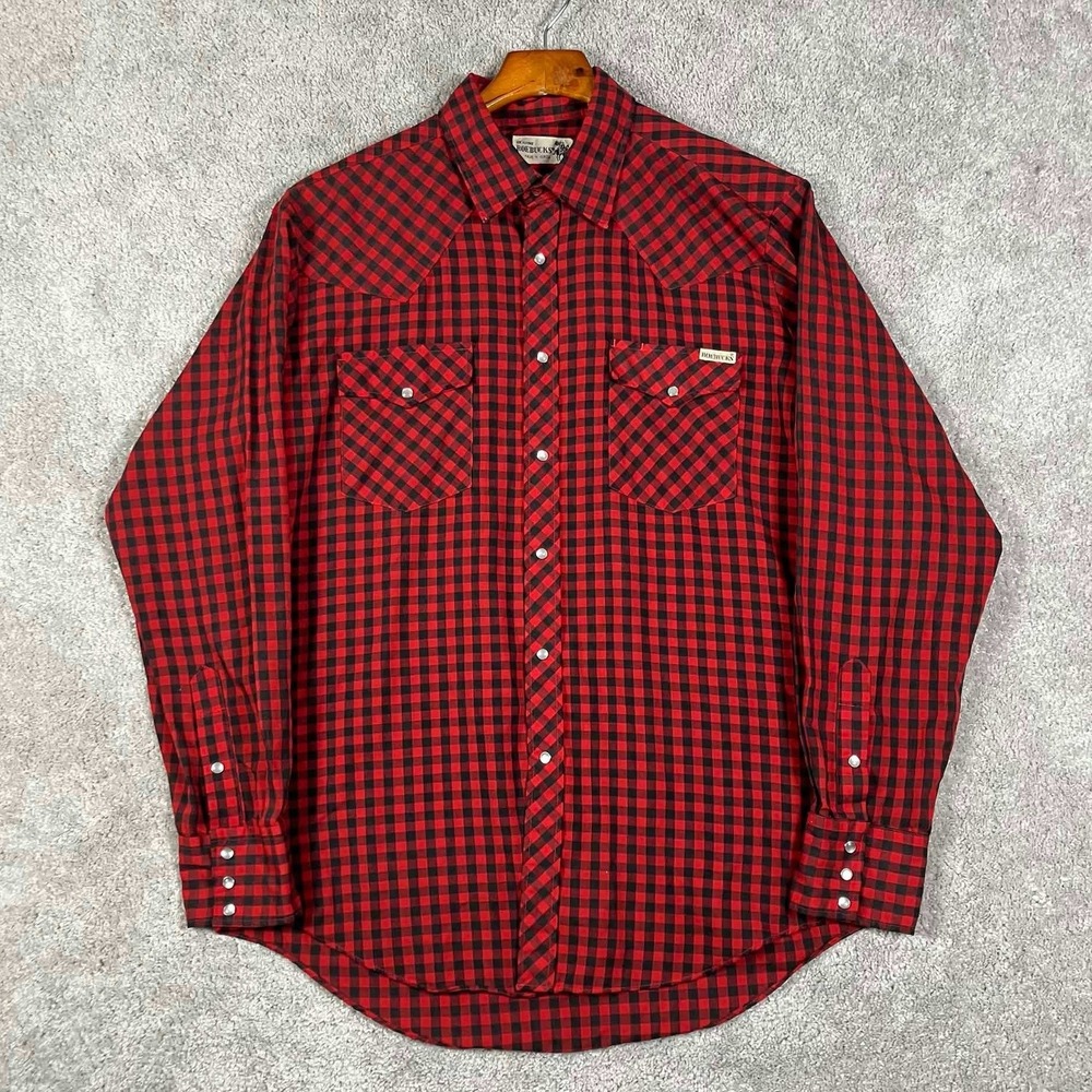 Vintage Roebucks Mens Large Red Black Buffalo Plaid Pearl Snap Western Shirt